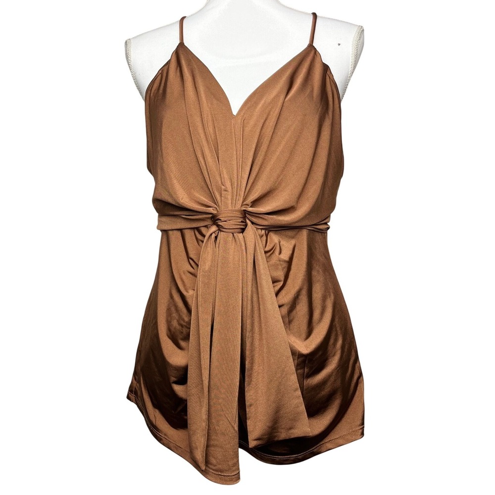 Express Satin Knot Front V Neck Camisole Top Brown Spaghetti Strap‎